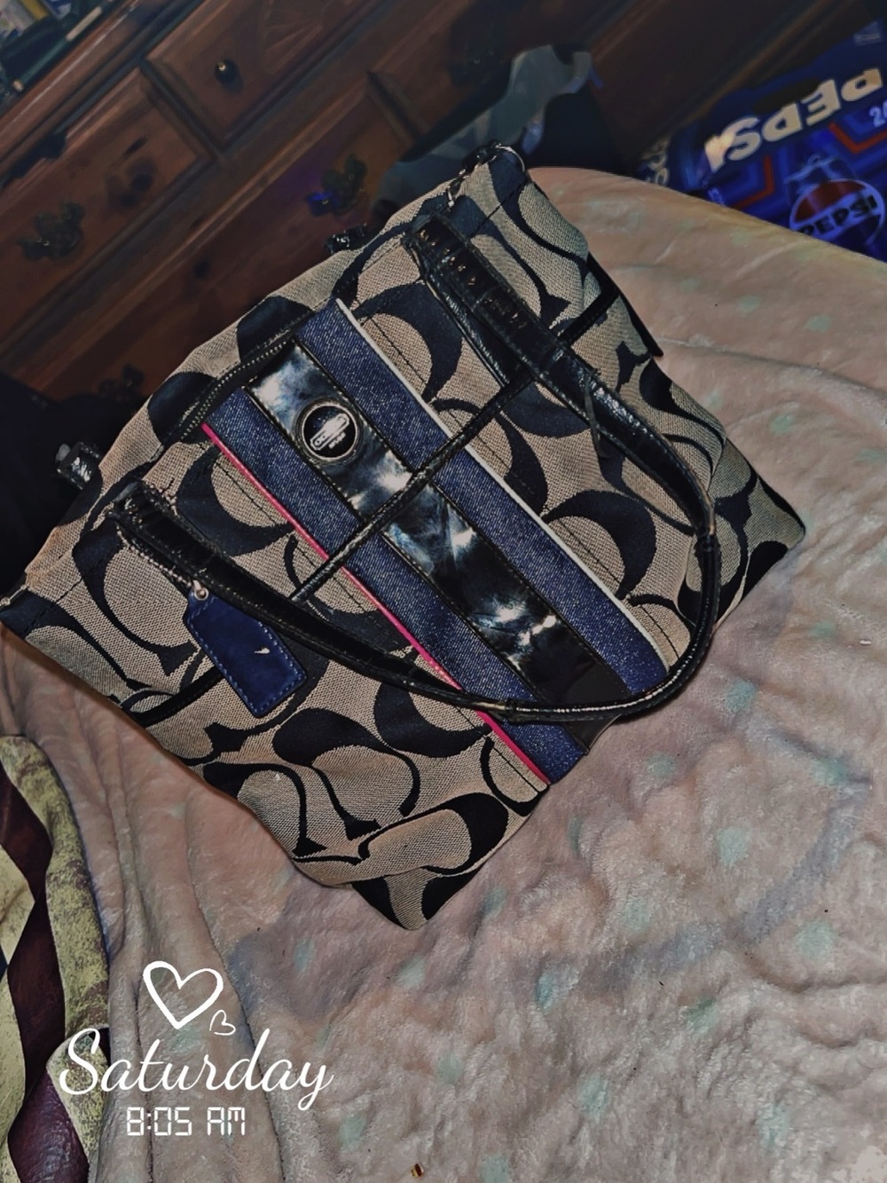 Coach Khaki and Black Signature Shoulder Bag with Navy and Pink Trim